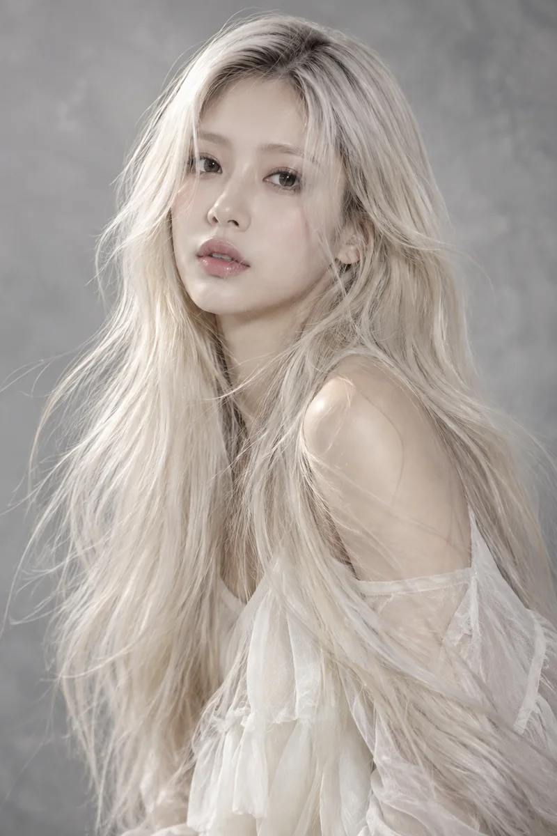 ほとんど白に見える透け感のあるプラチナブロンドと自然な根元の影を持つロングヘアの編集用イメージ