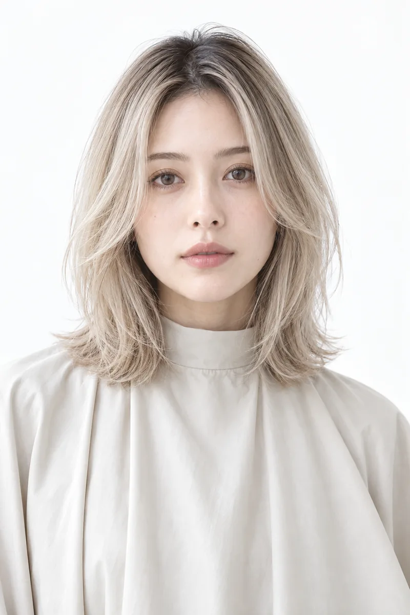 Cool Alabaster Beige Blonde 深色根部中長 Feathered Lob 與 Translucent Fine Gloss 光澤的未來髮型編輯用形象