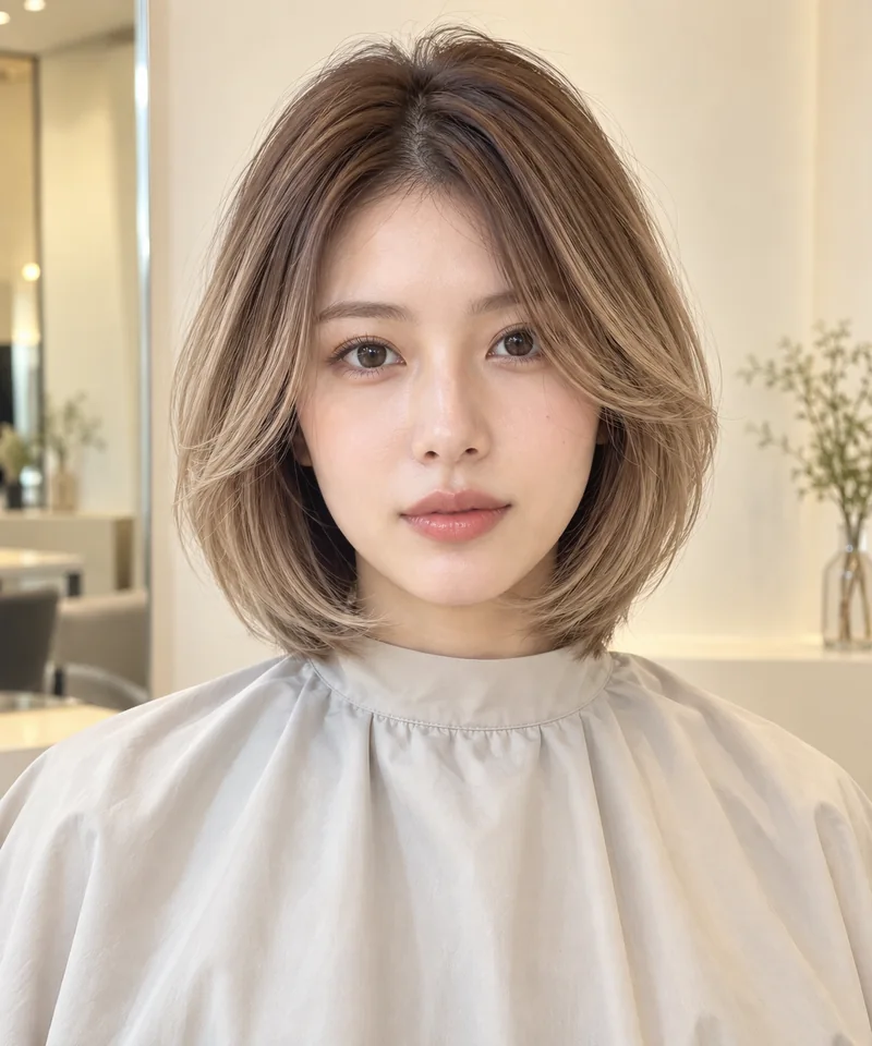 Creamy Biscuit Beige 深色根部中長 Rounded Layered Bob 與 Warm Cream Gloss 光澤的未來髮型編輯用形象