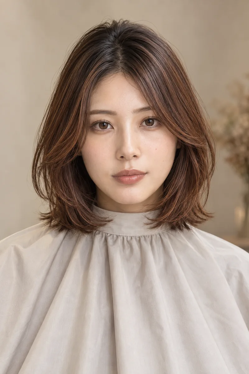 Warm Chestnut Copper Brown 深色根部鎖骨長 Layered Lob 與 Natural Chestnut Shine 光澤的未來髮色編輯用形象