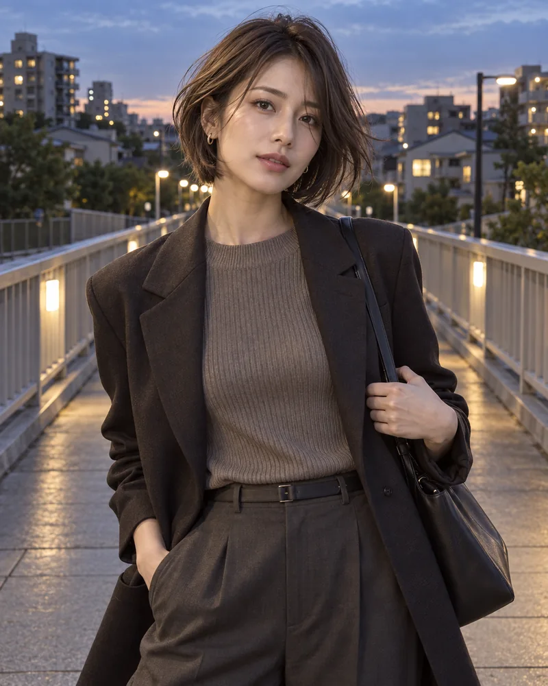 Cinder brown bob on an empty city bridge