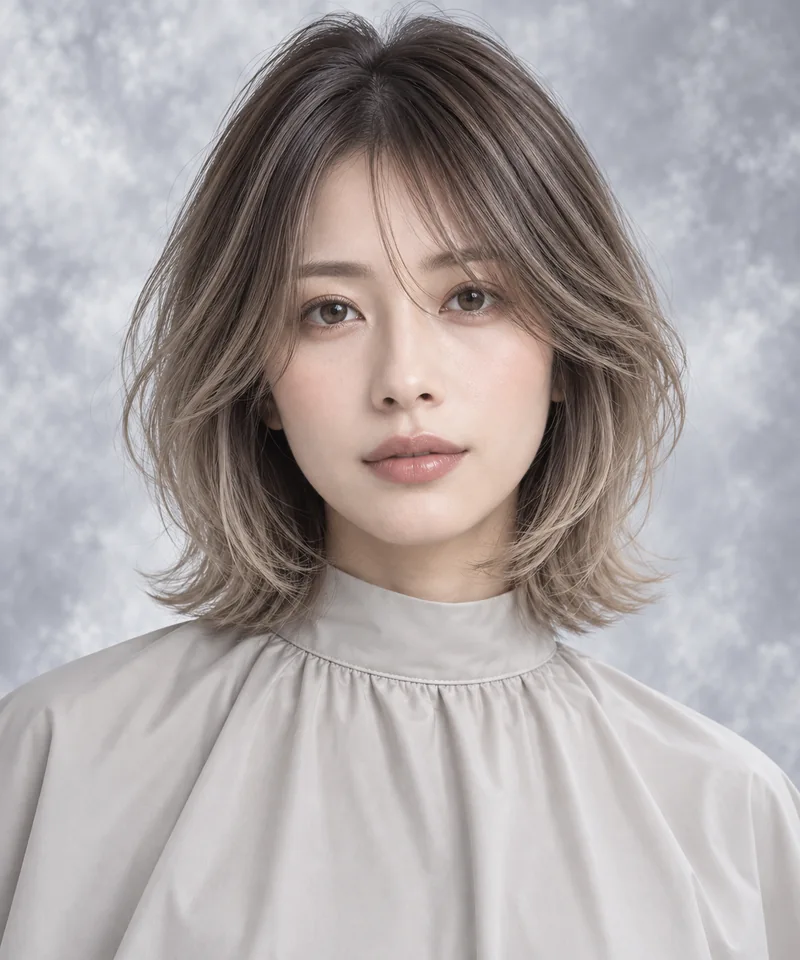 Cool Cloud Beige 深色根部肩長 Airy Layered Bob 與 Silver Cloud Texture 光澤的未來髮型編輯用形象