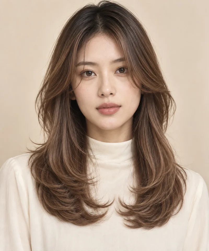 Cocoa Beige 中長層次與 Espresso 深色根部的 Café Gloss 未來髮型編輯用形象