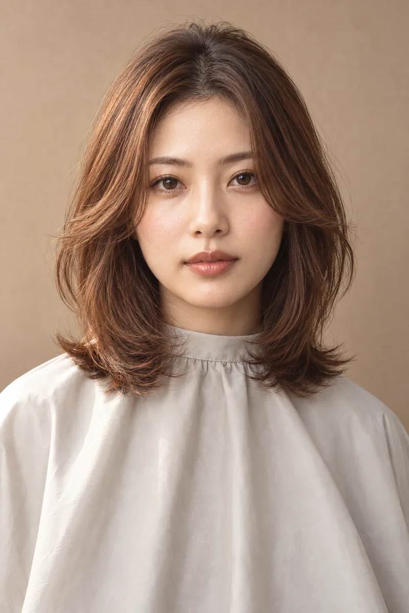 Soft Copper Penny Brown 深色根部中長 Layered Lob 與 Warm Reflective Ribbons 光澤的未來髮色編輯用形象