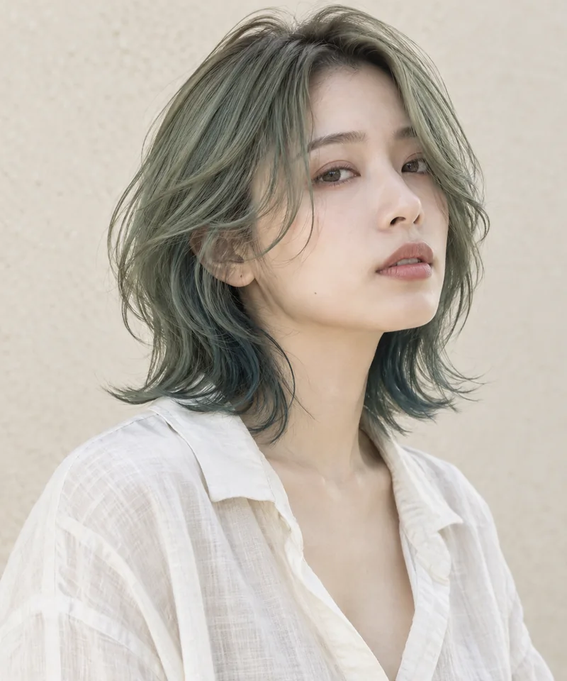 Muted Eucalyptus Sage 綠色狼尾 Lob 與 Blue-green Shadow 內層的未來髮色編輯用形象