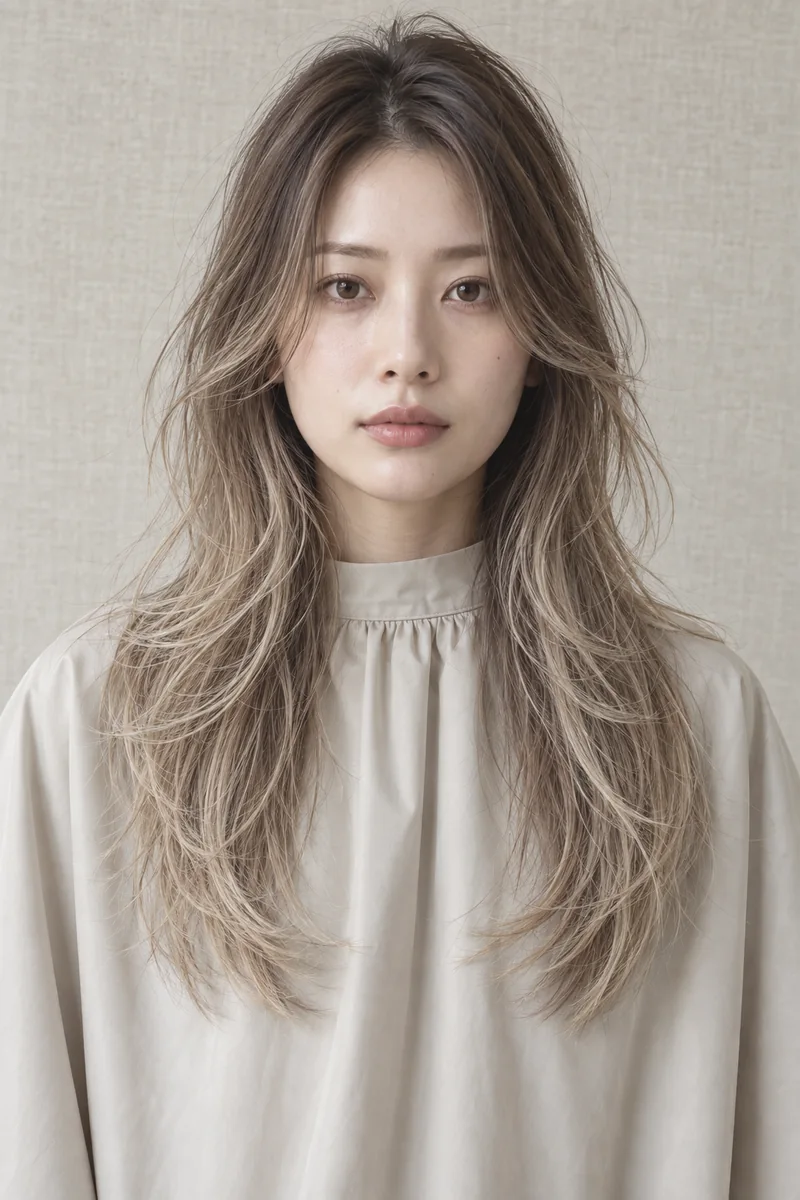 Muted Flax Linen Blonde 深色根部長 Layered Hair 與 Dry Airy Texture 光澤的未來髮色編輯用形象