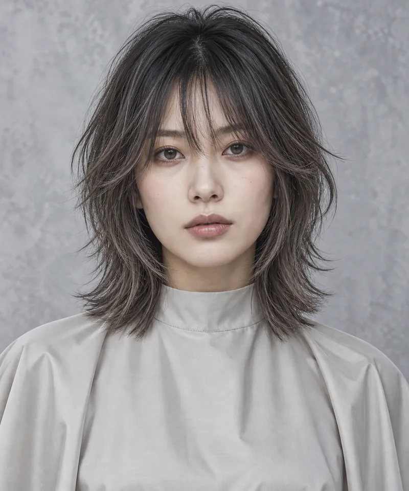 Smoky Flint Grey Brown 深色根部肩長 Choppy Shag 與 Charcoal Piecey Texture 光澤的未來髮型編輯用形象