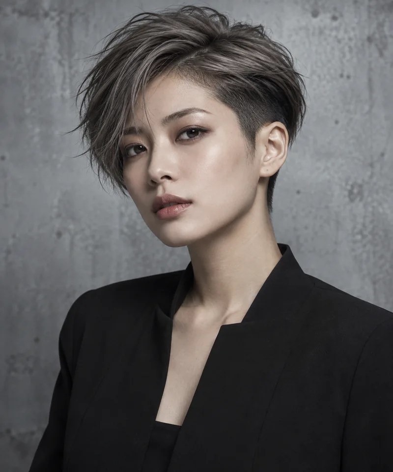Cool Flint Grey Brown 斜瀏海 Pixie 與 Charcoal Shadow Undercut 的未來髮色編輯用形象