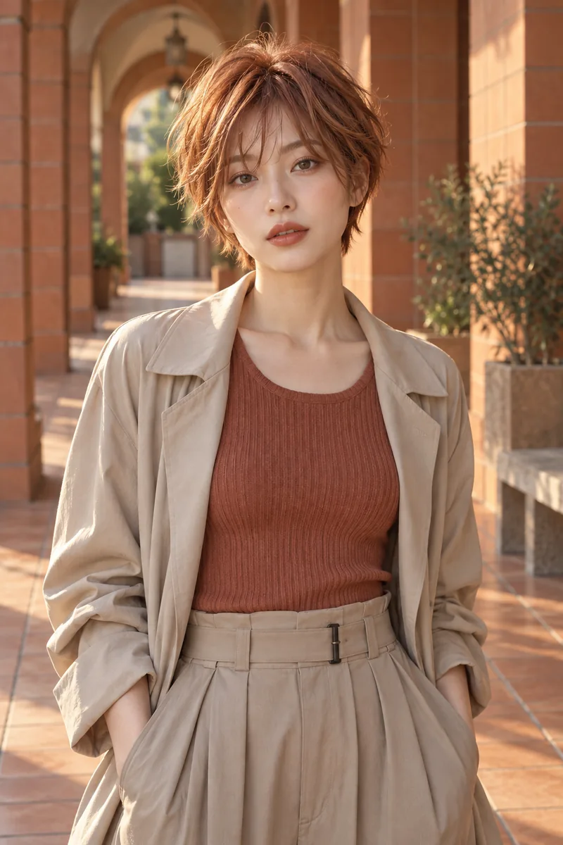 Ginger copper textured bixie beneath a warm tiled arcade
