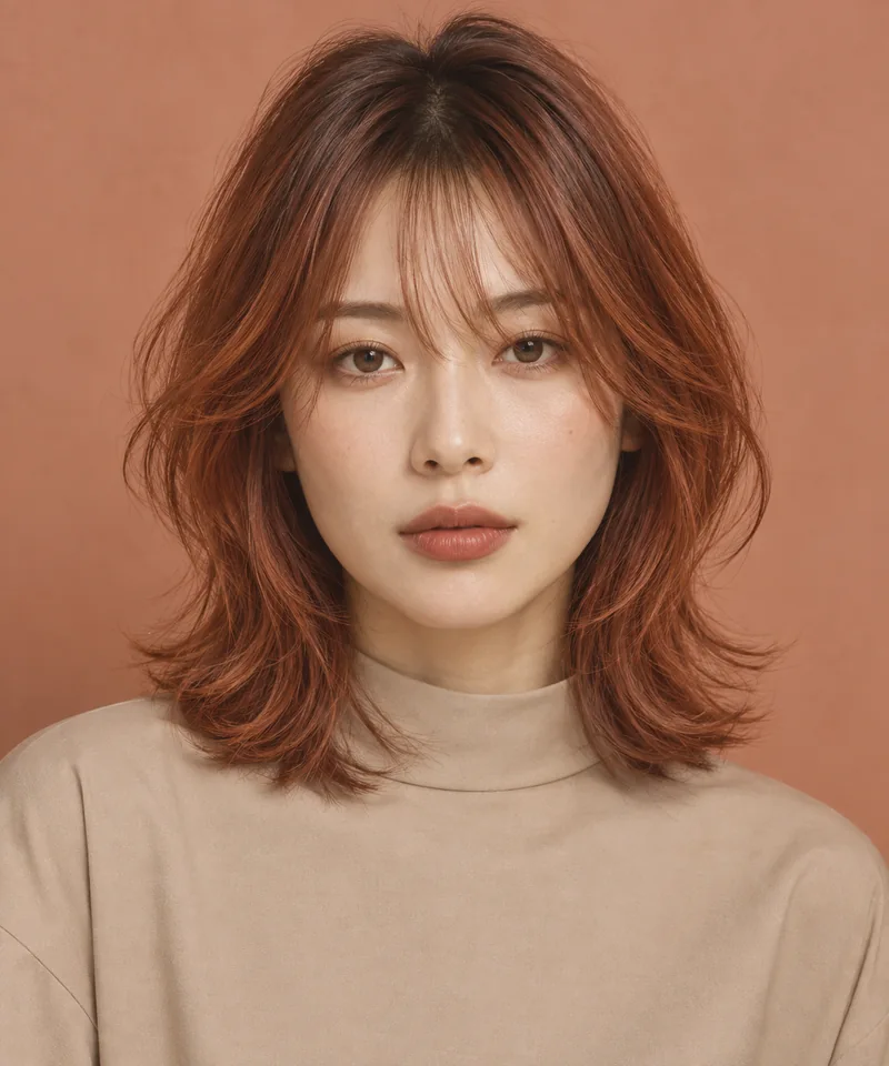 Warm Ginger Copper 深色根部肩長 Layered Lob 與 Muted Copper Sheen 光澤的未來髮色編輯用形象