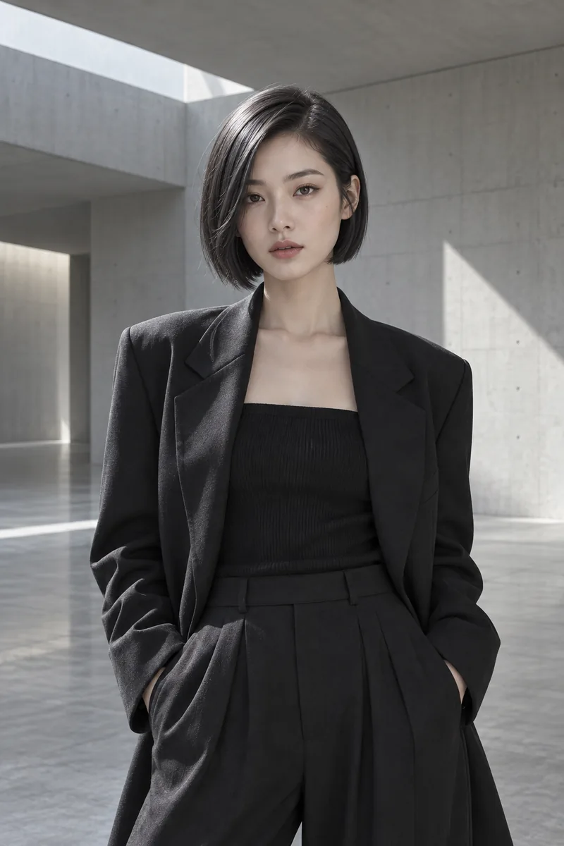 Graphite charcoal sleek jaw-length bob in a concrete gallery