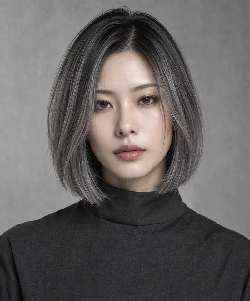 Graphite Smoky Grey 深色根部中長 Sleek Bob 與 Cool Ash Gloss 光澤的未來髮型編輯用形象