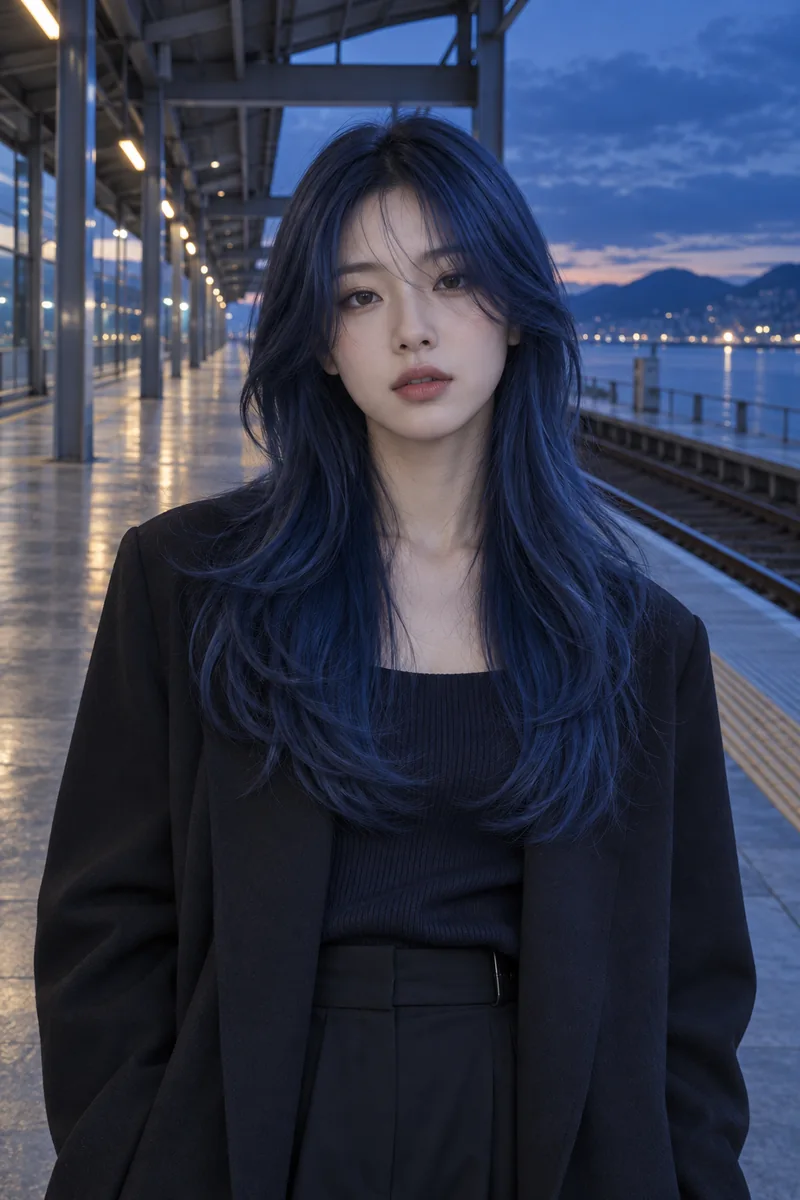 Deep indigo long layers at an empty blue-hour platform