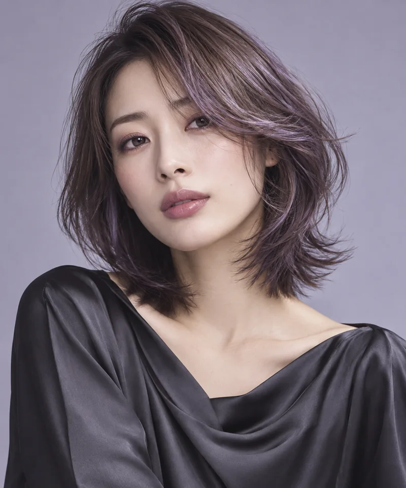 Muted Iris Lilac Shoulder Bob 與柔和光澤的未來髮色編輯用形象