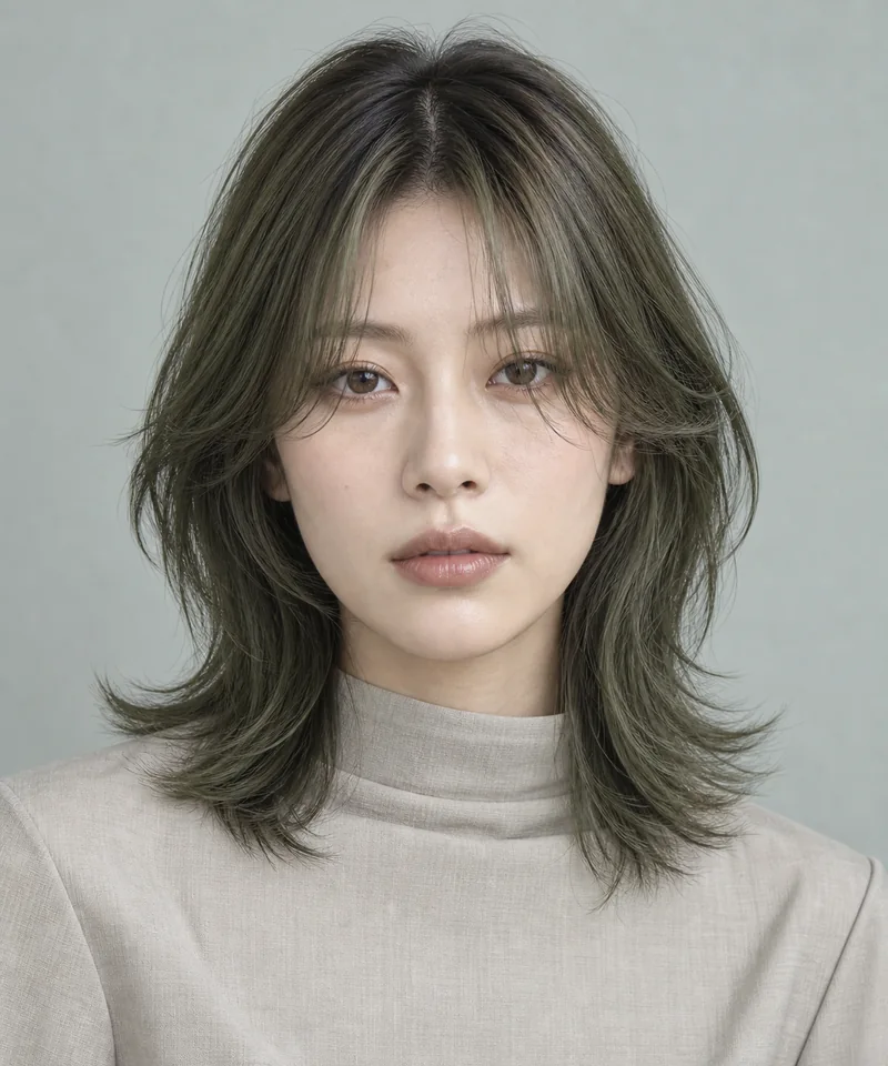 Muted Juniper Green Ash Brown 深色根部鎖骨長 Shag 與 Evergreen Gloss 光澤的未來髮色編輯用形象