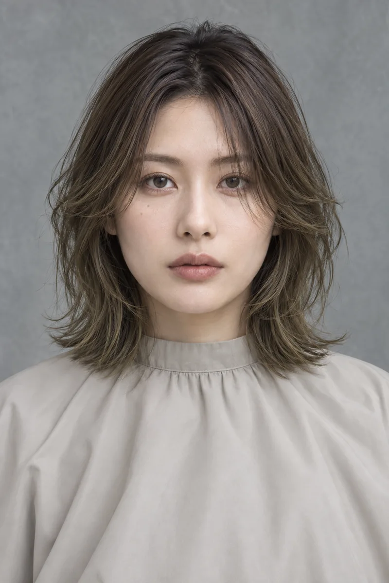 Muted Kelp Olive Brown 深色根部肩長 Textured Shag 與 Sea Grey Matte Texture 光澤的未來髮型編輯用形象