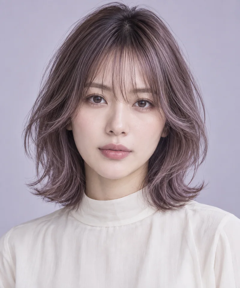 Muted Lavender Ash Brown 深色根部肩長 Layered Bob 與 Cool Lilac Gloss 光澤的未來髮型編輯用形象