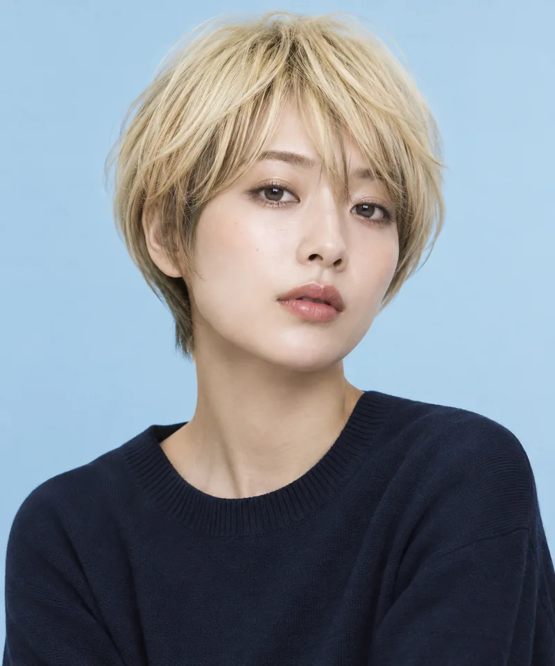 Pale Lemon Blonde 短版 Pixie Bob 與 Olive Beige Shadow 內層的未來髮色編輯用形象