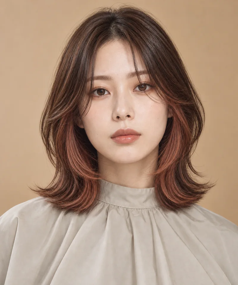 Muted Maple Copper 深色根部肩長 Layered Cut 與 Copper Collar Panels 光澤的未來髮型編輯用形象