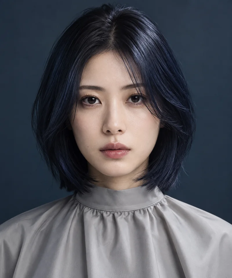 Deep Blue Black 深色根部鎖骨長 Sleek Layered Bob 與 Midnight Gloss 光澤的未來髮型編輯用形象