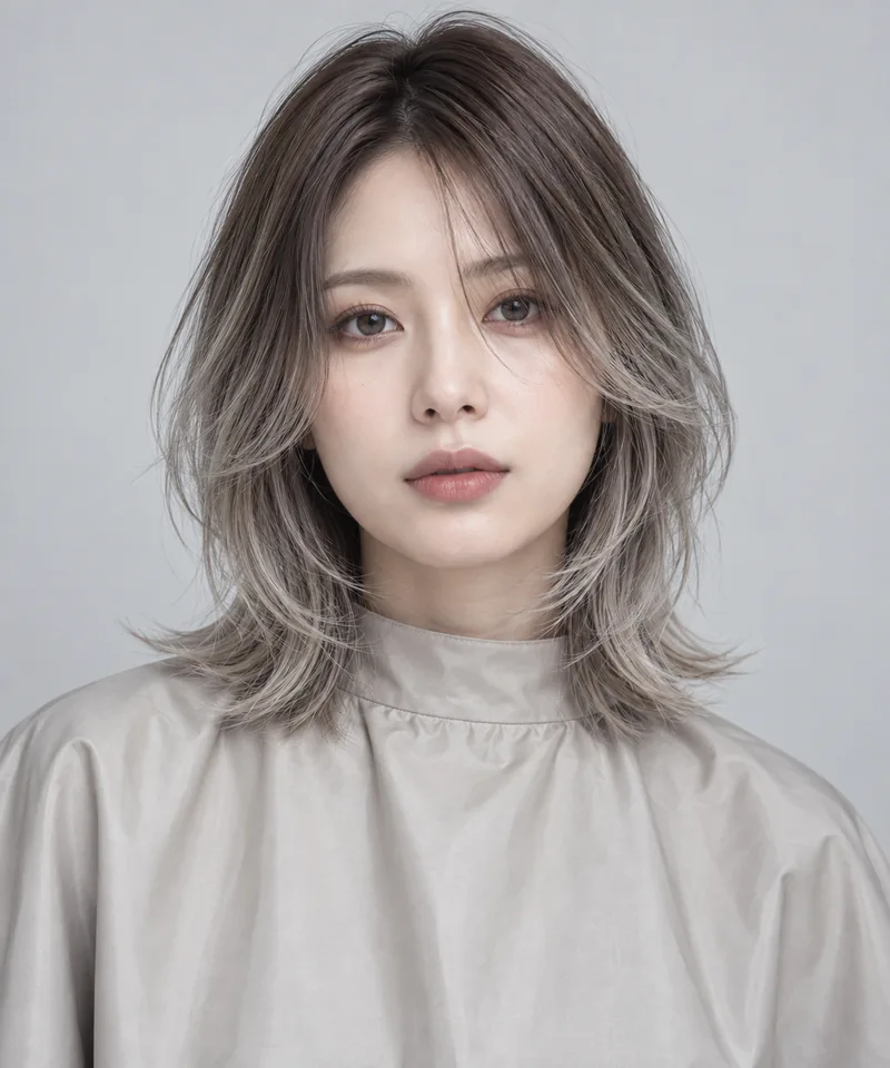 Cool Moonstone Silver Beige 深色根部肩長 Layered Cut 與 Luminous Grey Undertone 光澤的未來髮色編輯用形象