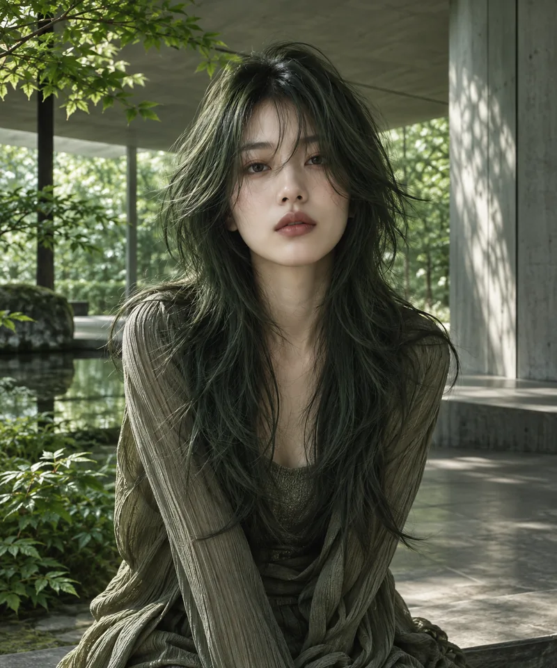 Deep moss-green long shag in a forest-modern pavilion