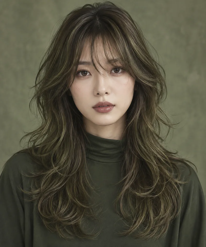 Muted Moss Green Brown 深色根部長層次 Shag 與 Olive Gloss 光澤的未來髮色編輯用形象