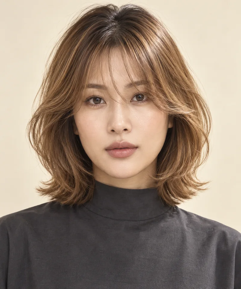 Warm Nectar Honey Brown 深色根部肩長 Layered Bob 與 Golden Honey Gloss 光澤的未來髮型編輯用形象