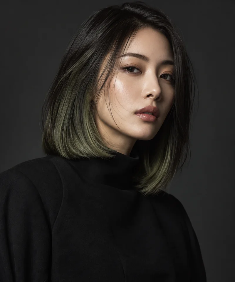 深色 Long Bob 下方透出低飽和 Olive Shadow 的未來色彩編輯用形象