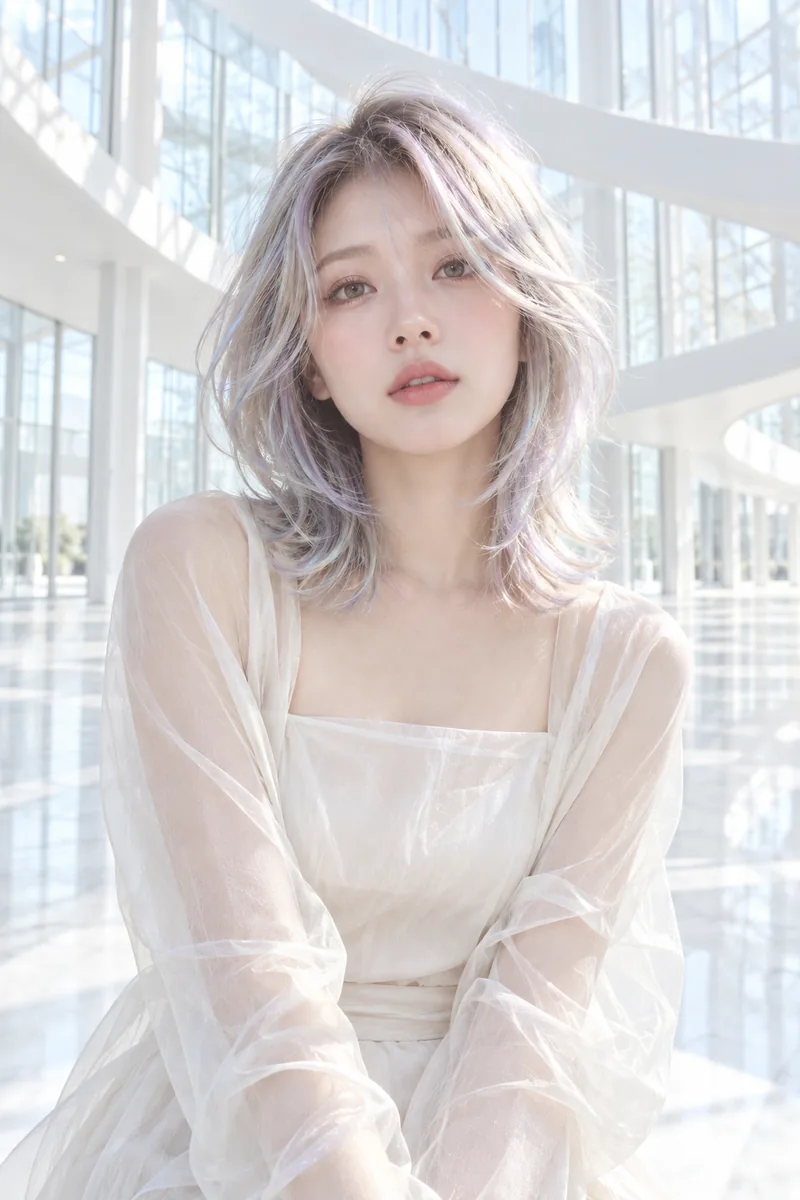 Opal pearl-toned shoulder-length layers in a luminous glass atrium