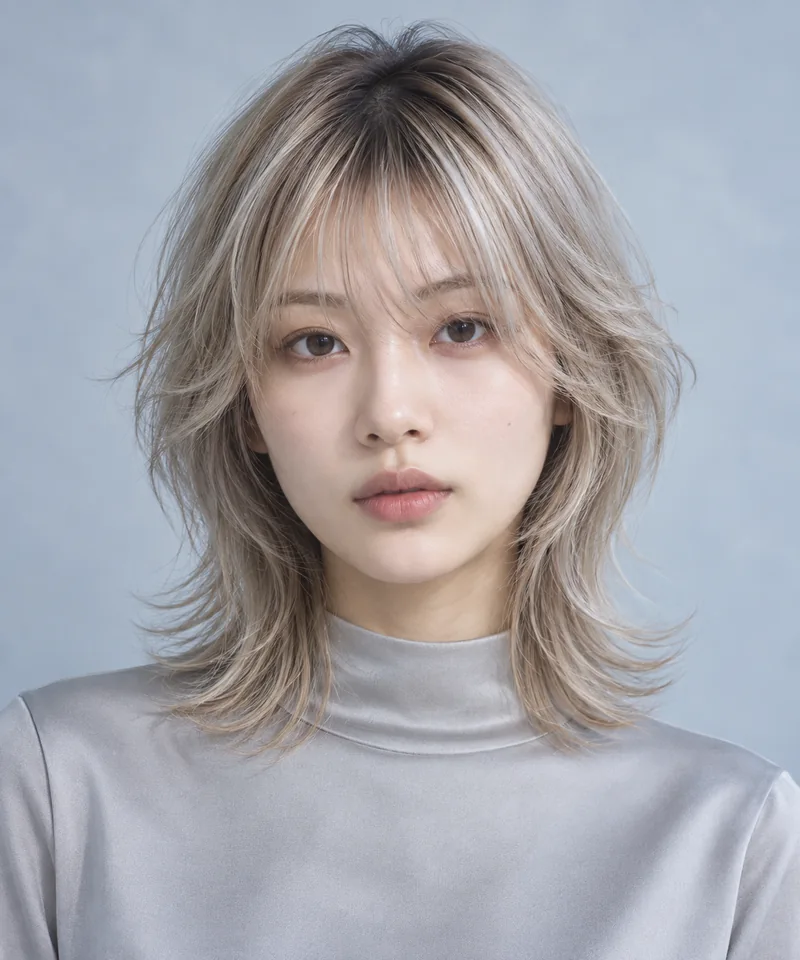Cool Opal Beige Blonde 深色根部中長 Rounded Shag 與 Pearl Grey Gloss 光澤的未來髮型編輯用形象