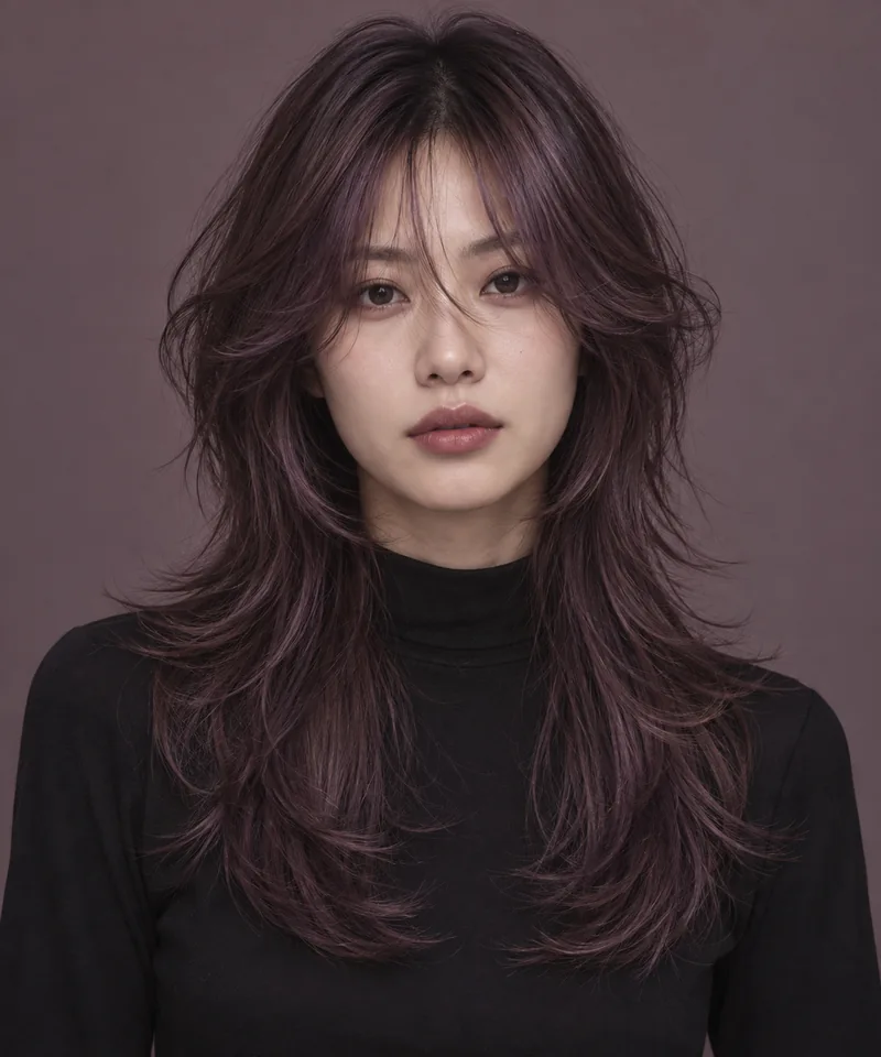Muted Plum Brown 深色根部長層次 Wolf Cut 與 Purple Berry Gloss 光澤的未來髮型編輯用形象