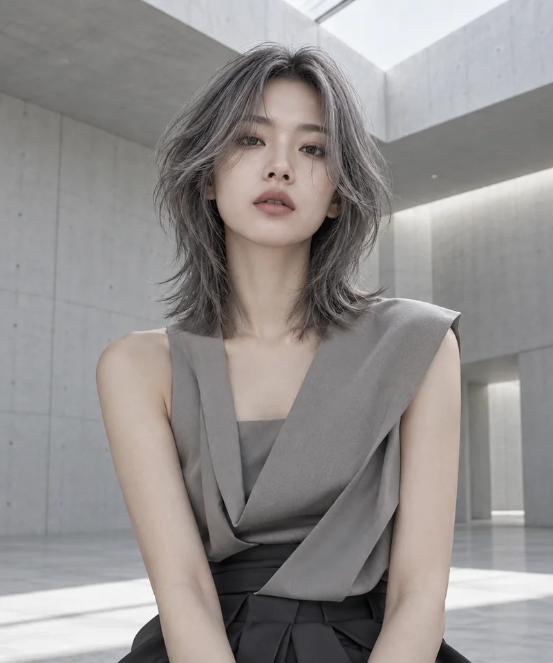 Cool quartz-gray collarbone shag in a mineral-gray atrium