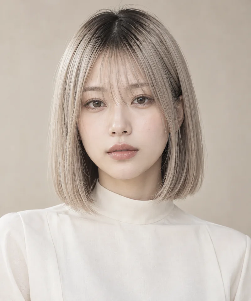 Pale Quartz Ash Beige 深色根部肩長 Blunt Bob 與 Cool Crystal Gloss 光澤的未來髮色編輯用形象