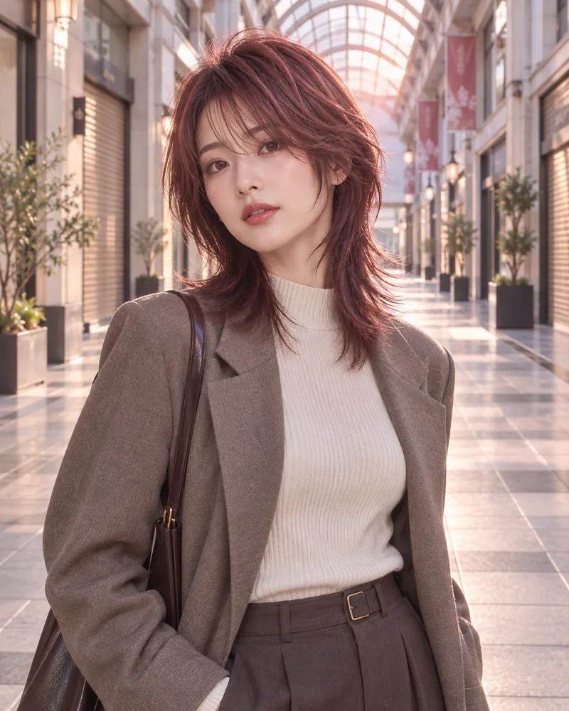 Raspberry Brown medium wolf cut commute hair 與 berry-toned gloss 的未來髮型編輯用形象