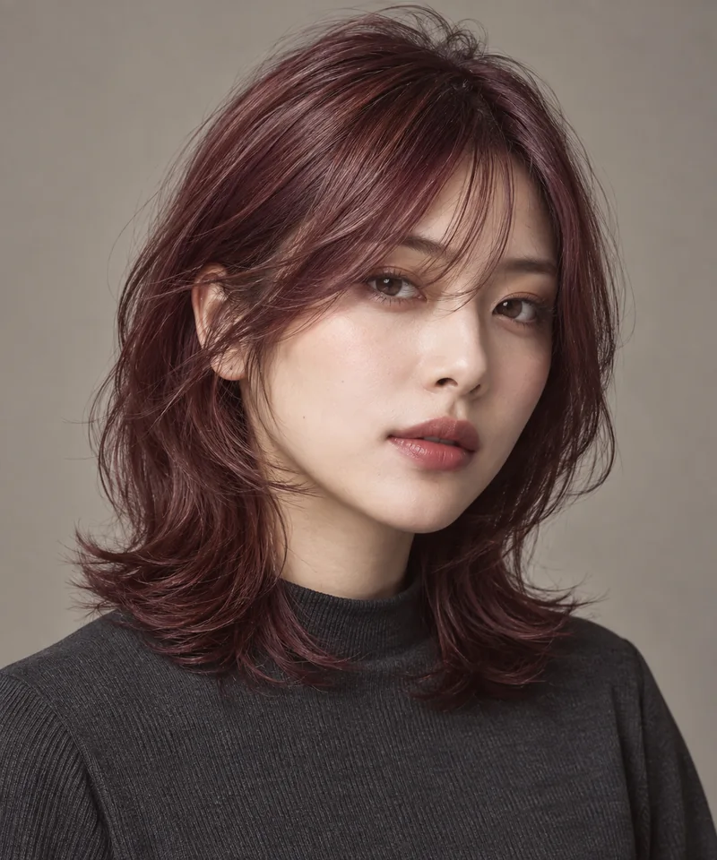Deep Raspberry Red Brown 長層次波浪與 Berry Gloss 光澤的未來髮色編輯用形象