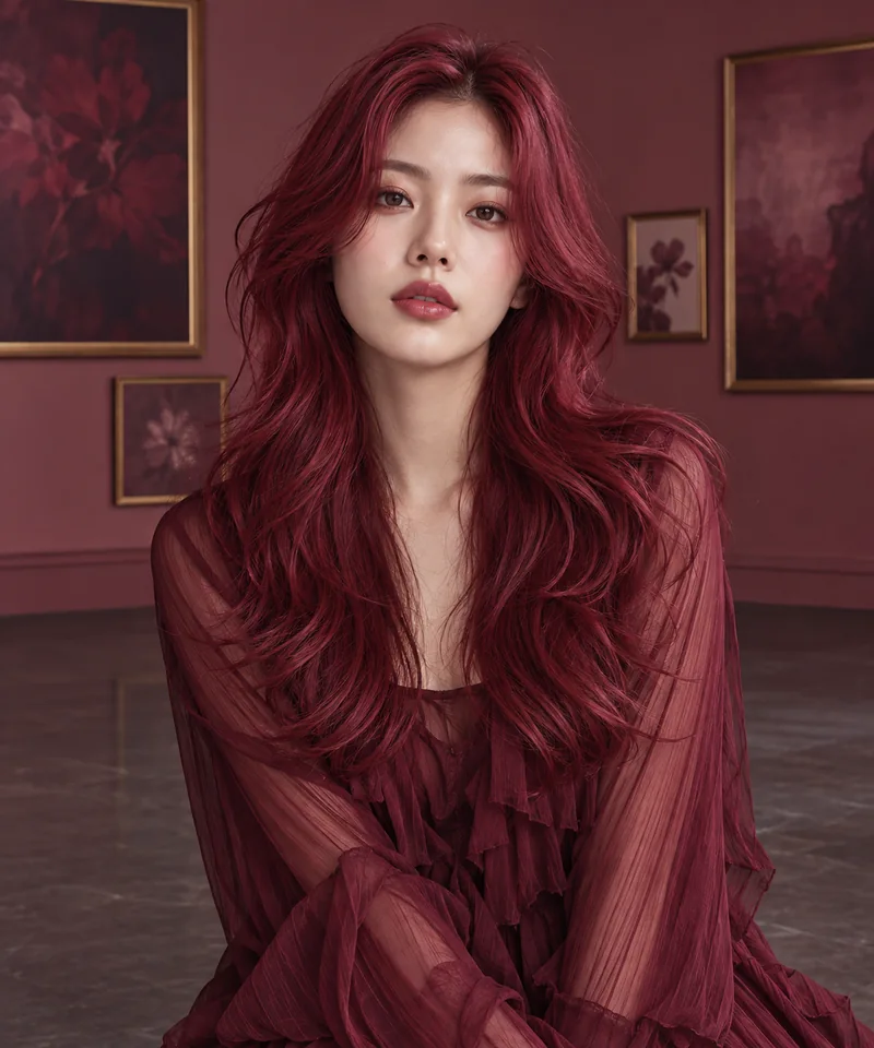Saturated raspberry-red long layers in a berry-toned gallery