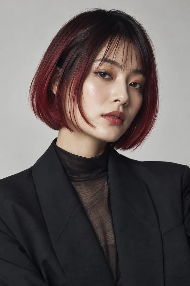 Deep Ruby Red 深色根部短 Textured Bob 與 Ruby Collar Panels 光澤的未來髮型編輯用形象
