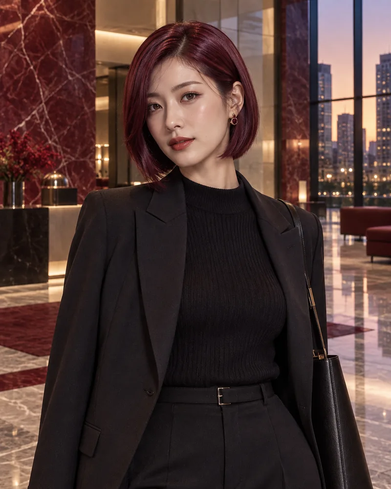 Ruby red bob with brushed ends at a quiet city lobby