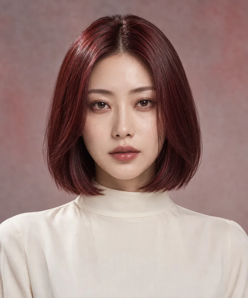 Deep Ruby Red Brown 長 Blunt Bob 與 Jewel Red Gloss 光澤的未來髮色編輯用形象