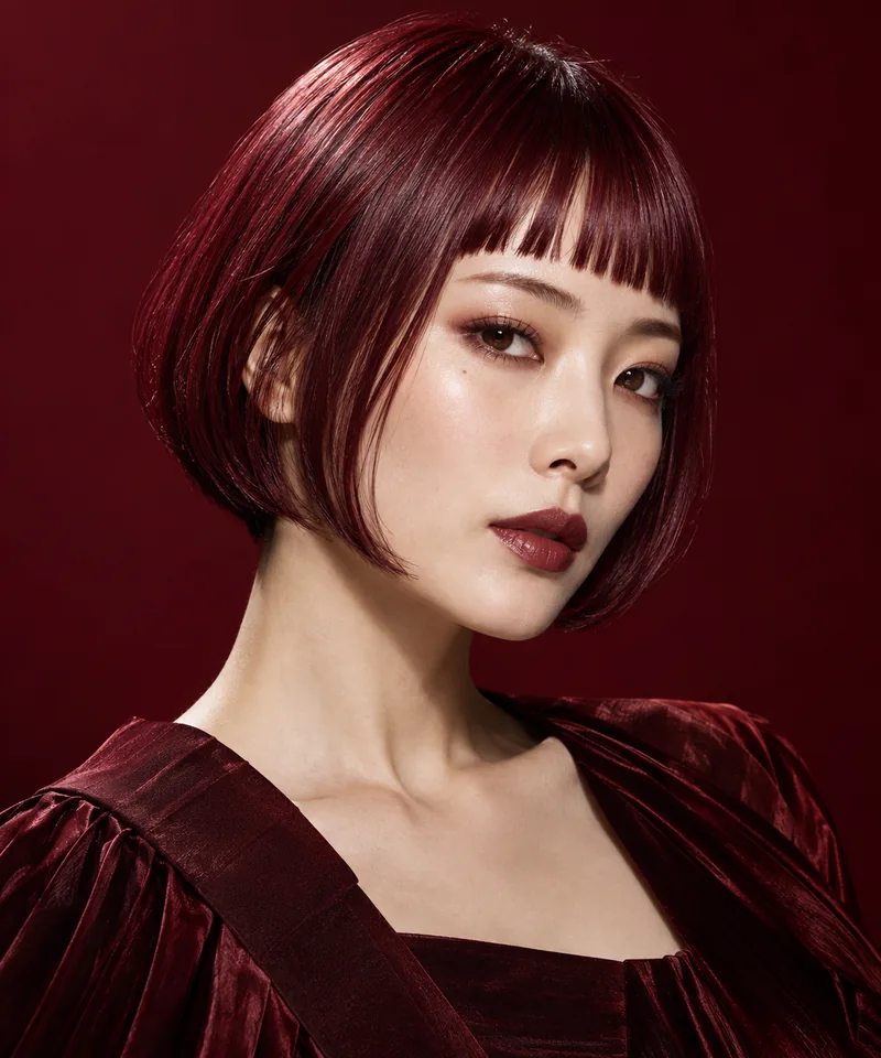 Ruby Wine Red nape-length Sleek Bob 與 cropped geometric fringe 的未來髮型編輯用形象