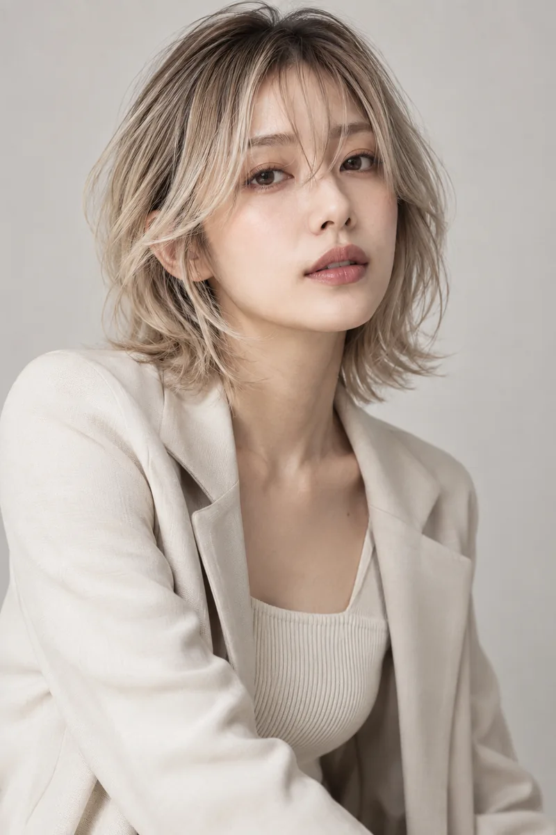 Seashell Ivory Beige 深色根部鎖骨長 Layered Bob 與 Seashell Collar Panels 光澤的未來髮型編輯用形象