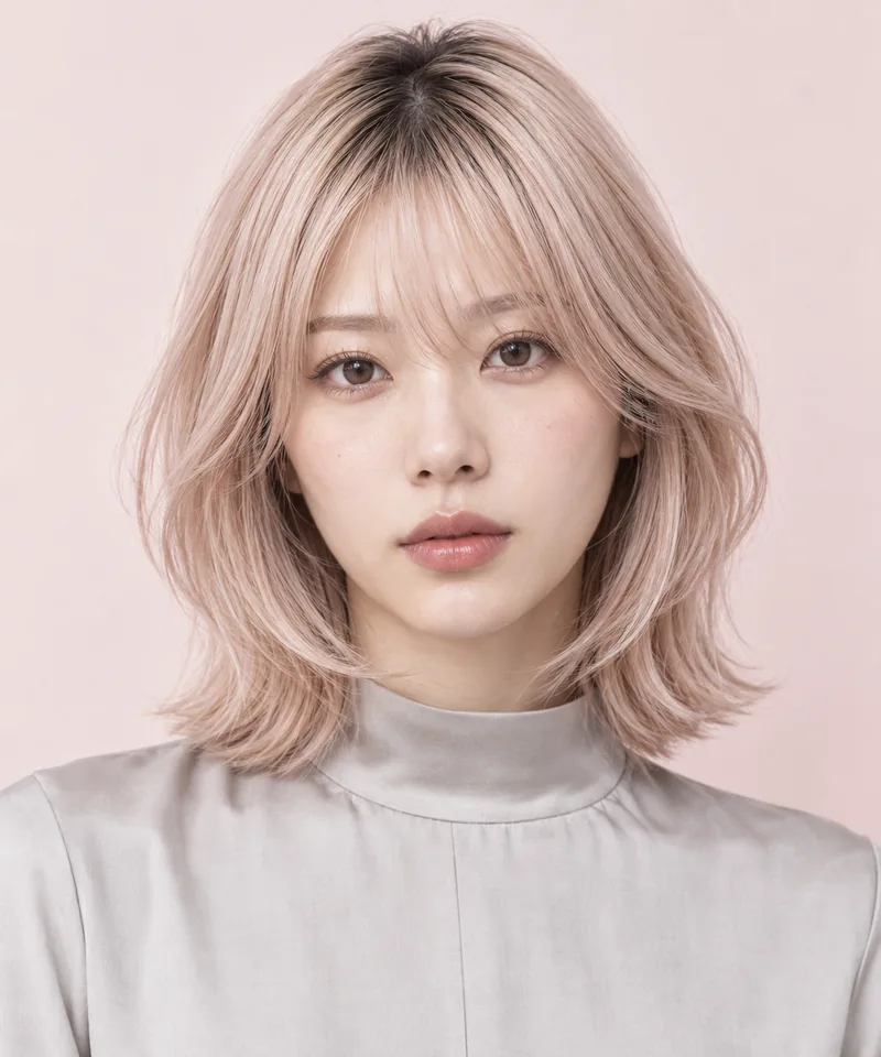 Pale Seashell Pink Beige Blonde 深色根部肩長 Airy Lob 與 Creamy Shell Gloss 光澤的未來髮色編輯用形象