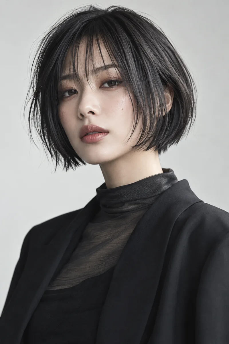 Shadow Charcoal Black 深色根部短 Textured Bob 與 Graphite Collar Depth 光澤的未來髮型編輯用形象