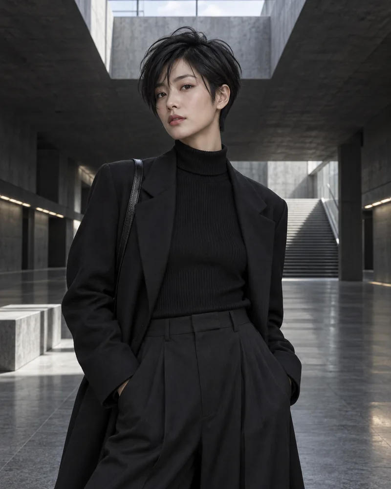 Shadow Black long pixie commute hair 與 tapered nape 的未來髮型編輯用形象