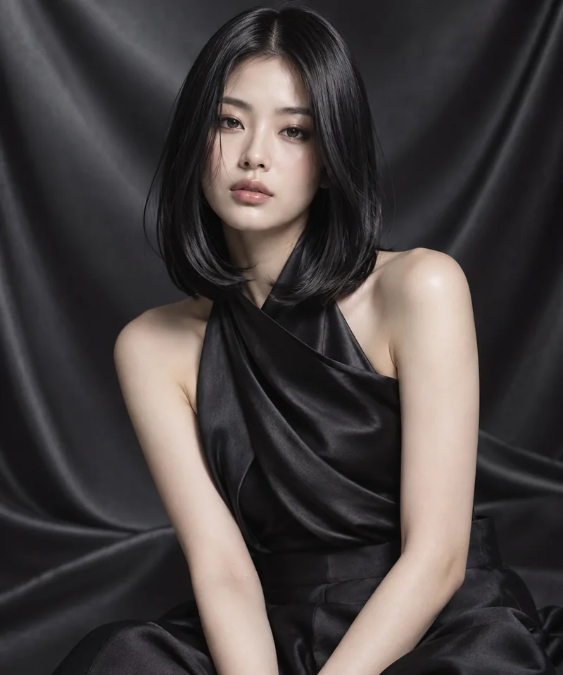Glossy silk-black long bob with fluid curved ends in a dark studio