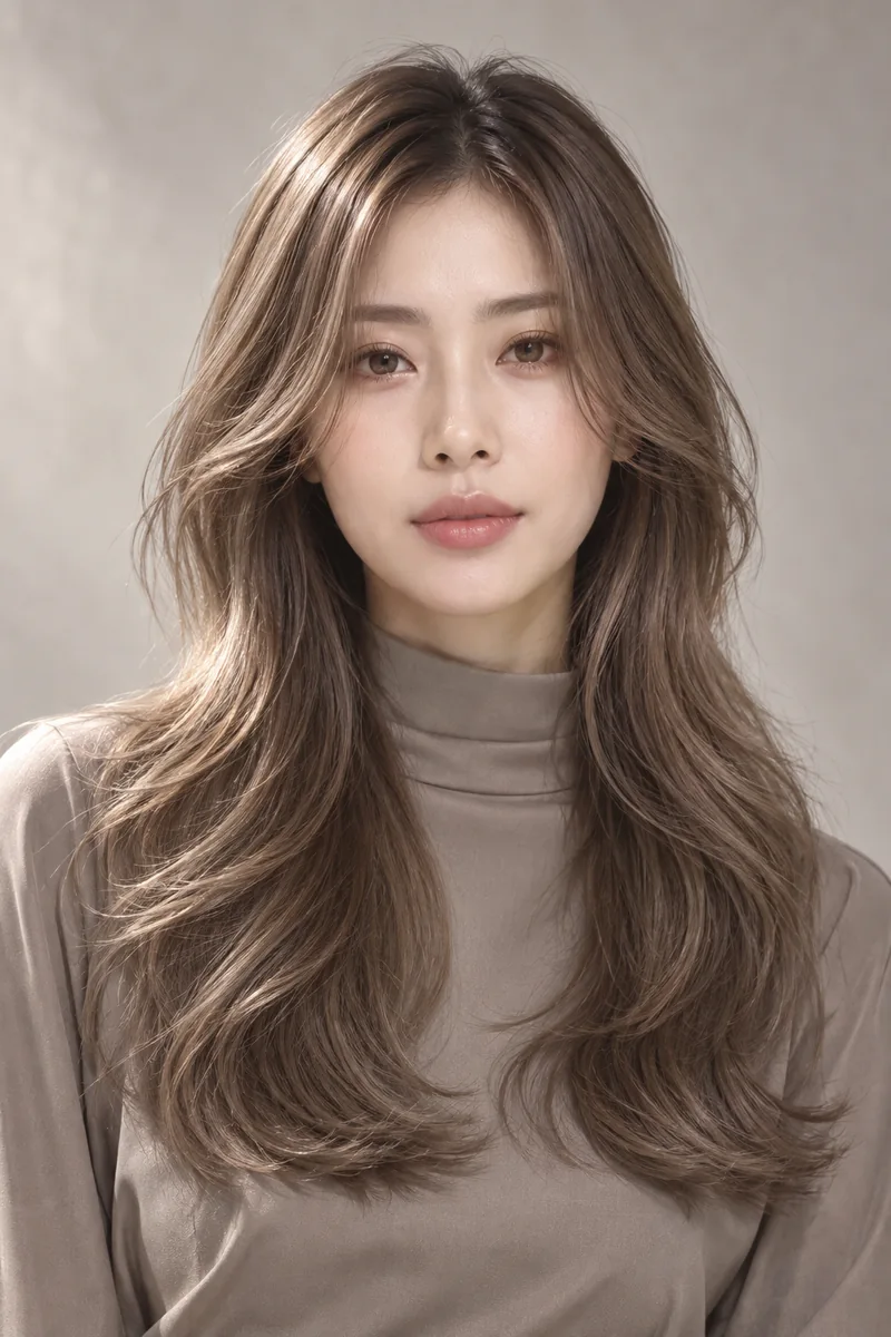 Neutral Silk Beige Brown 深色根部長層次與 Satin Silk Gloss 光澤的未來髮型編輯用形象