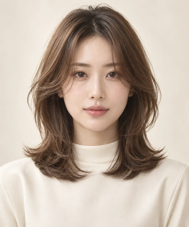 Soft Natural Medium Brown 深色根部鎖骨長 Layered Cut 與 Subtle Satin Gloss 光澤的未來髮型編輯用形象