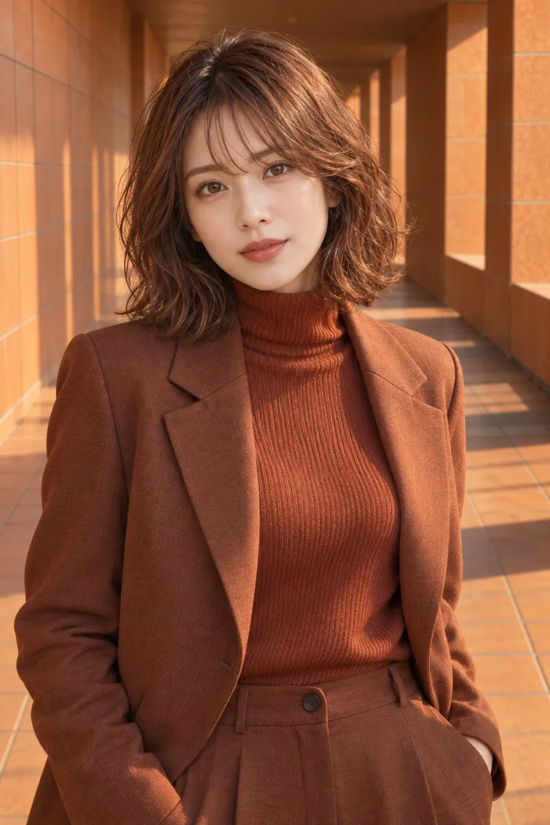 Cinnamon spice-brown textured lob in a burnt-orange corridor