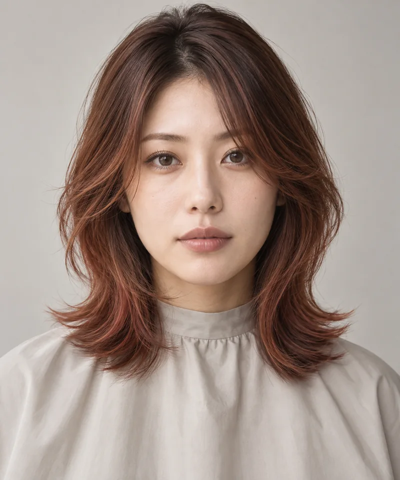 Warm Spice Brown 深色根部中長 Layered Cut 與 Cinnamon Paprika Gloss 光澤的未來髮色編輯用形象